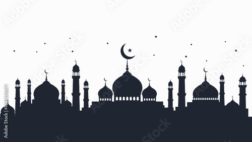 Grand Mosque Silhouette with Crescent Moon and Stars.