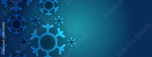 Vibrant cyan and blue background decorated with bold snowflake shapes and glowing sparks