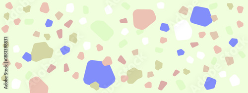 Modern abstract terrazzo pattern with bold blue and brown shapes on a pale green base