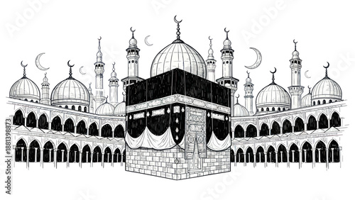 Hand drawn sketch of the Kaaba and Masjid al-Haram in Mecca.
