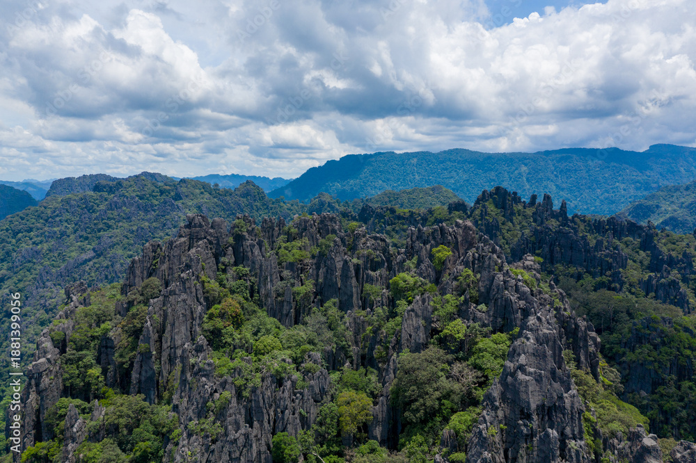 Fototapeta premium Sharp limestone spires rise above dense green forest under a dramatic sky in the rural countryside of Laos. The rugged formations and vibrant vegetation create a striking natural landscape typical of