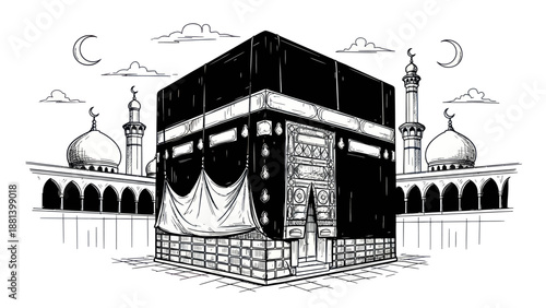 Hand-drawn illustration of the Kaaba in Mecca, Saudi Arabia.