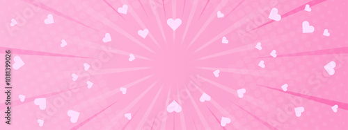 Energetic pink sunburst background with halftone dots and scattered hearts in a pop art style
