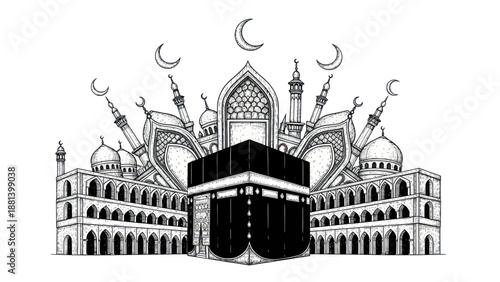 Hand-drawn illustration of the Kaaba surrounded by mosque architecture and crescent moons.