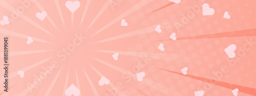Soft coral background featuring radial zoom lines halftone patterns and floating heart shapes