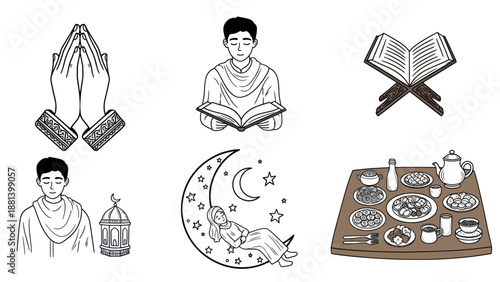 Hand-drawn illustrations depicting various aspects of Ramadan and Islamic culture.