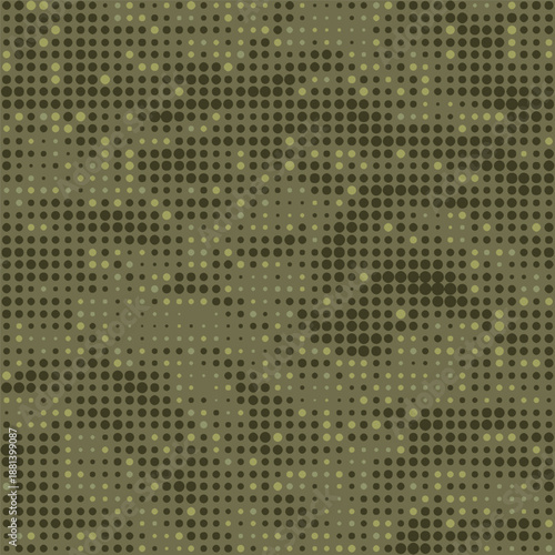 Halftone seamless camouflage texture. Dot pattern in dark khaki green colors, camo digital three color background. Vector wallpaper