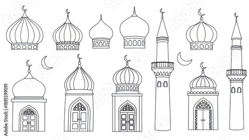 Hand-drawn mosque domes and minarets set for Islamic architecture design.