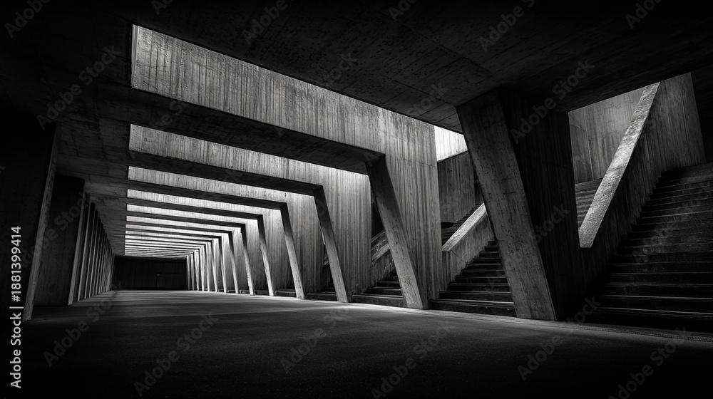 Naklejka premium Modern Concrete Architecture with Dramatic Lighting and Geometric Lines