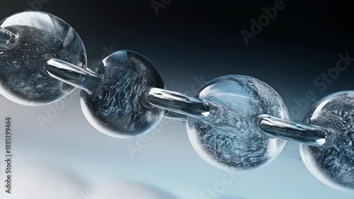 Transparent, connected links of a chain, rendered in liquid, reflective blue tones