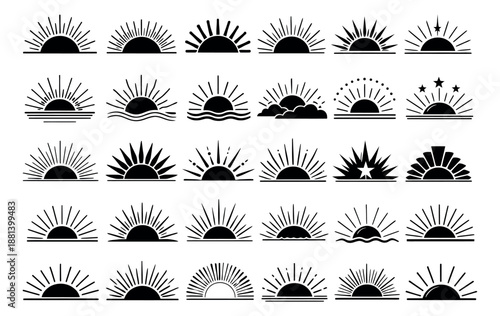 Minimalist line art sun icons set featuring various sunburst and rising sun designs for graphic design projects