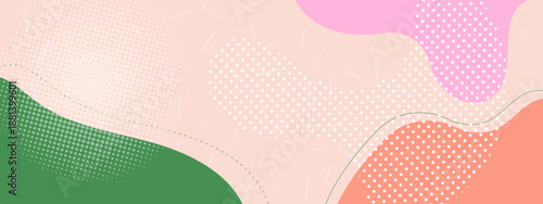 Vibrant abstract composition with green and coral organic shapes combined with white polka dots and confetti lines