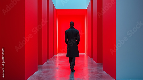 Man Walking in Red Hallway with Dramatic Lighting and Modern Design Elements