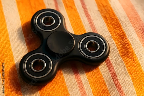 Black Three-Pronged Fidget Spinner on Orange Striped Fabric