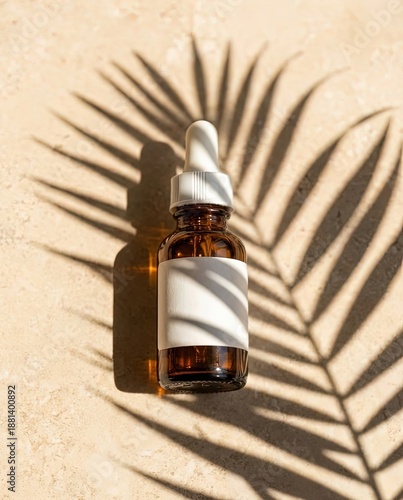 Vertical cosmetic serum bottle mockup with palm leaf shadow on beige stone. Summer skincare product background for social media stories.