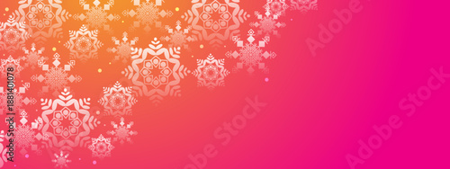 Warm orange to pink gradient background with white decorative snowflake elements