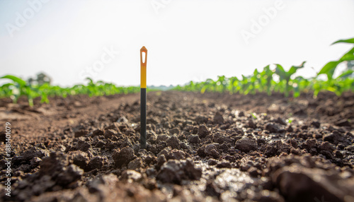 Soil Marker in Agricultural Field with Young Plants