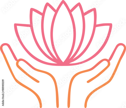 Thin line icon of a lotus flower with hands, symbolizing inner peace and spirituality