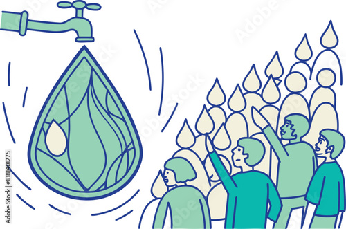 Community gathering around water drop