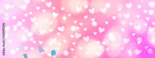 Romantic pink background with glowing bokeh lights and floating white hearts