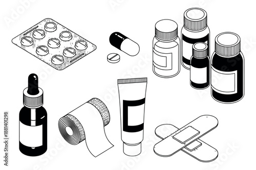 Isometric hand drawn line art medical supplies set featuring pills, bandages, bottles, and tubes for healthcare and pharmacy designs