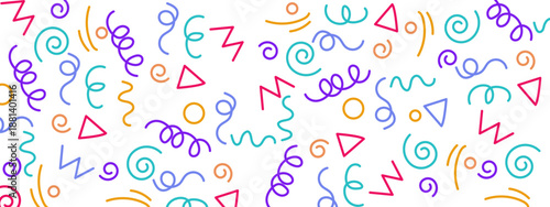 A playful and vibrant abstract background filled with multi colored doodle scribbles and geometric shapes