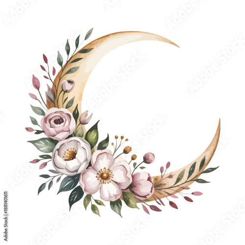 Elegant crescent moon decorated with delicate watercolor flowers, isolated subject illustration