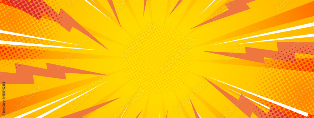 Obraz premium Dynamic yellow and orange comic style background with sunburst rays and lightning bolt elements