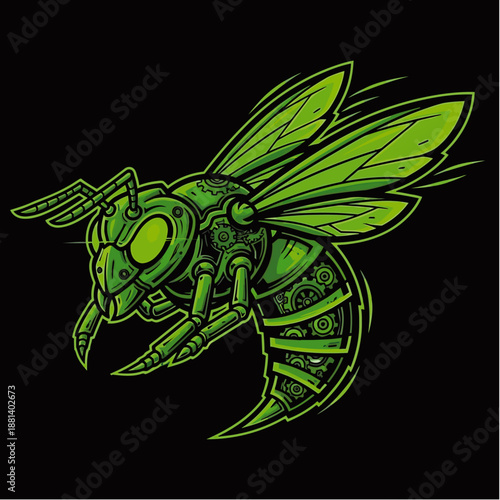 A detailed illustration of a mechanical green wasp with intricate gears and a metallic sheen against a black background.