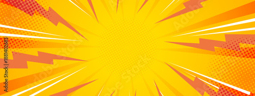 Dynamic yellow and orange comic style background with sunburst rays and lightning bolt elements