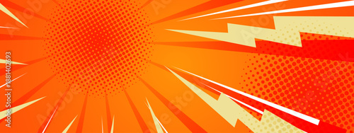 Intense orange and red comic book style background with radial speed lines and lightning bolt shapes