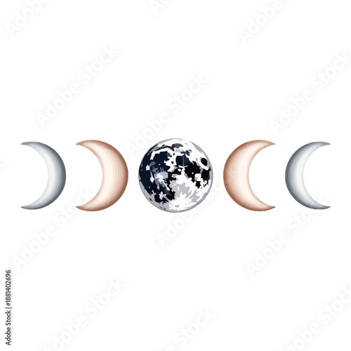 Islamic lunar moon phases sequence in soft watercolor, PNG with alpha channel for calendars