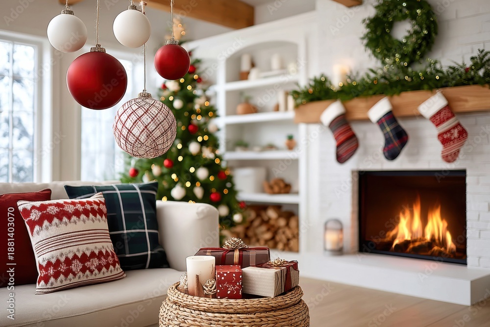 Obraz premium Cozy Christmas living room with a lit fireplace, stockings, and festive decorations for family