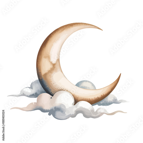 Soft watercolor crescent moon partially obscured by clouds, isolated subject for sky scenes