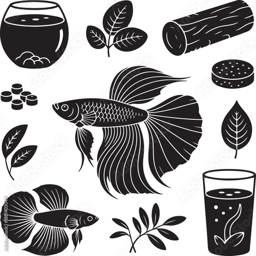 Fish icons, betta tank, siamese fighting, aquarium bowl, pet food, water plant, aquatic nature, animal care