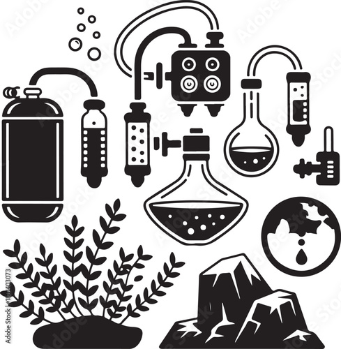 Aquarium icons, co2 system, carbon dioxide, fish tank, regulator gauge, diffuser bubble, aquatic plant, underwater nature