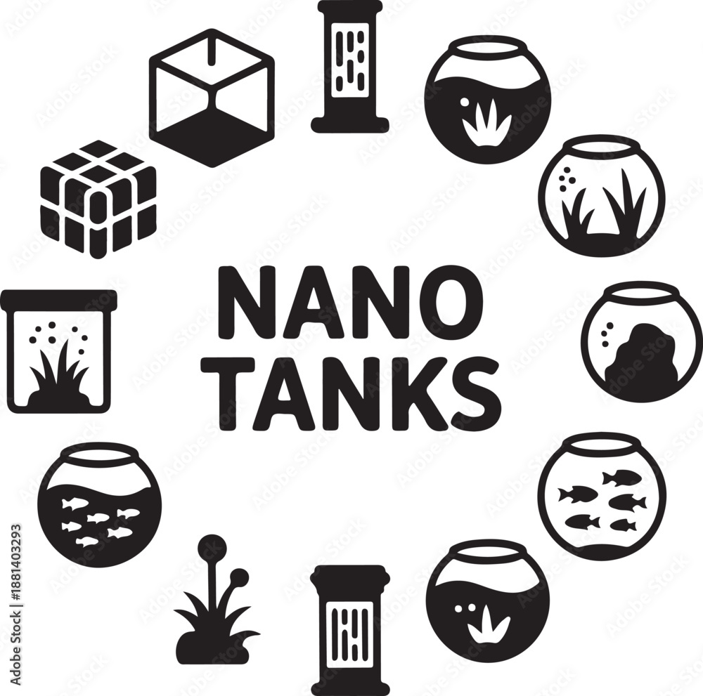 Obraz premium Aquarium icons, nano tank, fish bowl, small water, glass container, aquatic home, pet hobby, interior decoration