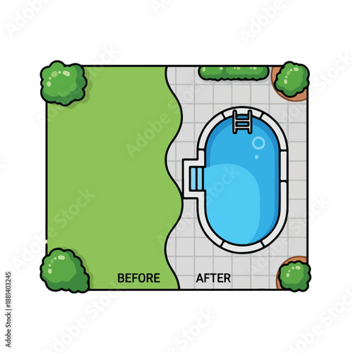 A backyard with a pool and lawn