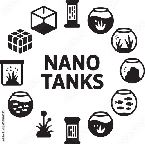 Aquarium icons, nano tank, fish bowl, small water, glass container, aquatic home, pet hobby, interior decoration