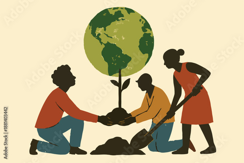 Diverse Group of People Planting a Tree with Earth Globe Canopy for Environmental Conservation and Sustainability Concept