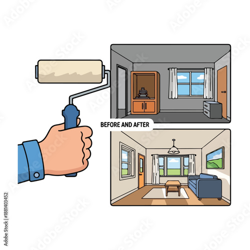 A before and after illustration of a room painting