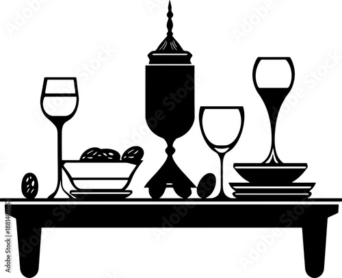 Silhouette of Iftar Table Setting with Dates, Water, and Traditional Lantern