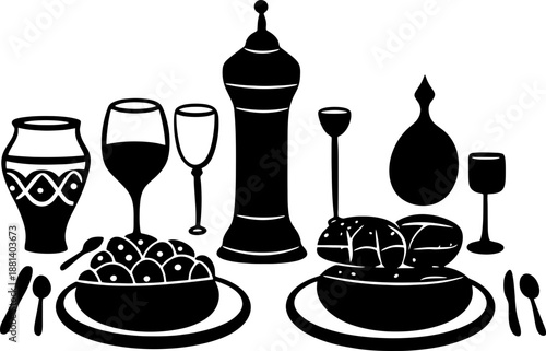 Silhouette of Iftar Table Setting with Dates, Water, and Traditional Lantern