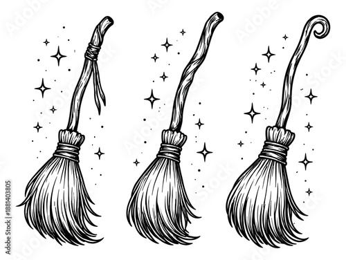 Hand drawn line art witch broom set featuring three magical brooms for Halloween