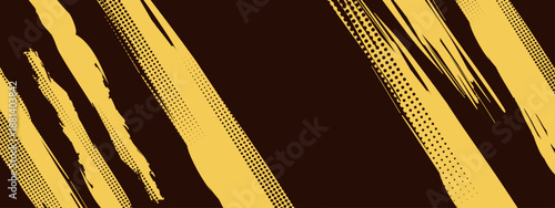 High contrast abstract background with bold yellow brush strokes and halftone dots over a dark brown base