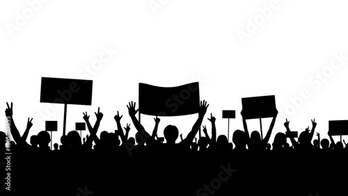 Crowd of people protesting with signs and flags