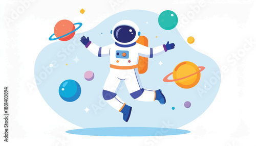 Astronaut in Space Suit Floating Among Planets.