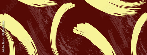 Abstract maroon background with textured cream yellow paint brush strokes