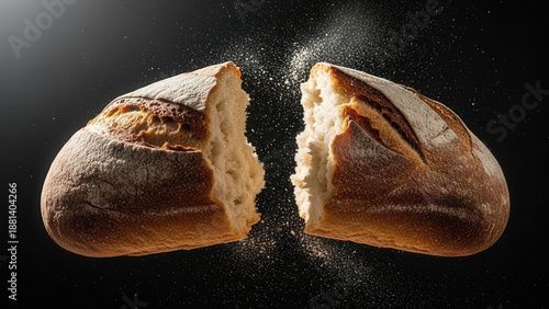 Freshly baked bread loaf split apart with flour dust on black background

