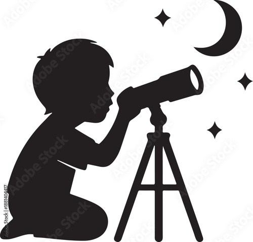 Silhouette of a Young Boy Looking Through a Telescope at the Moon and Stars for Astronomy and Education Concept